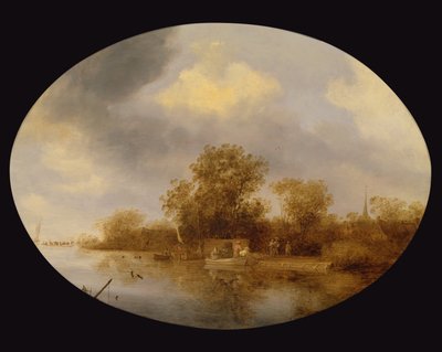 River landscape with men unloading lobster pots by Salomon van Ruisdael or Ruysdael